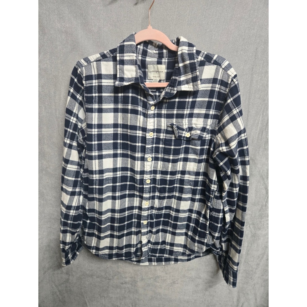 American Eagle Super Soft Flannel Shirt Navy Blue White Plaid Button Down Medium